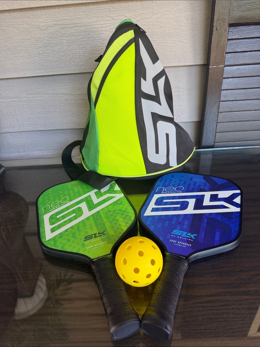 Neon Green & Blue SLK Pickleball Paddle Set with Yellow Ball and Carry Bag